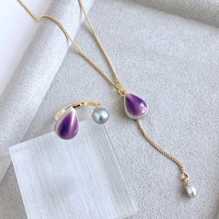 美濃焼×淡水パールのフォークリング・ネックレスのセット パープル